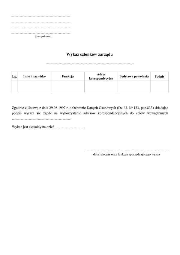 WCZ Wykaz członków zarządu