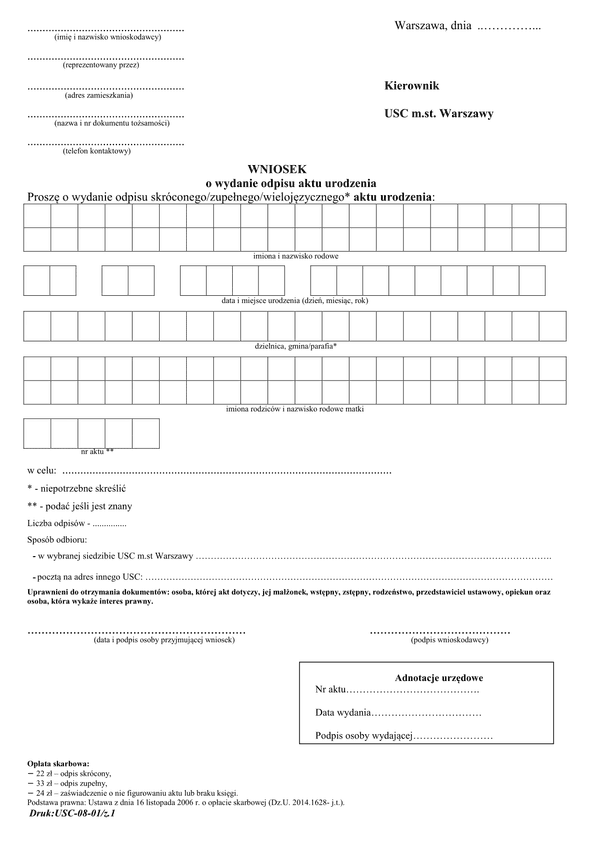 WoAU-Wa Wniosek o wydanie odpisu skróconego/pełnego aktu urodzenia - Warszawa