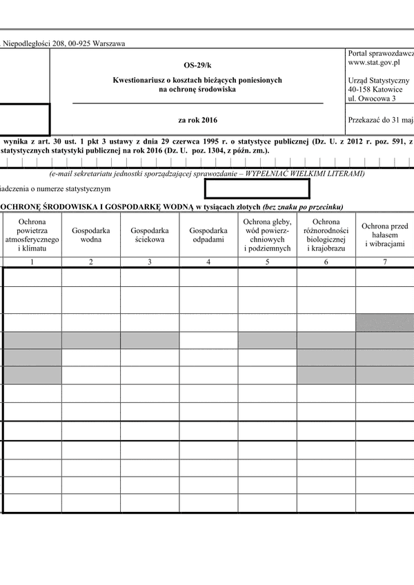 GUS OS-29/k (2016) (archiwalny) Kwestionariusz o kosztach bieżących poniesionych na ochronę środowiska za rok 2016