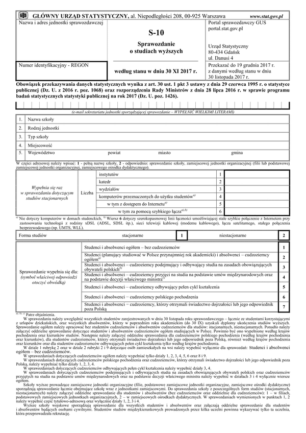GUS S-10 (archiwalny) Sprawozdanie o studiach wyższych według stanu w dniu 30 XI 2017 r.