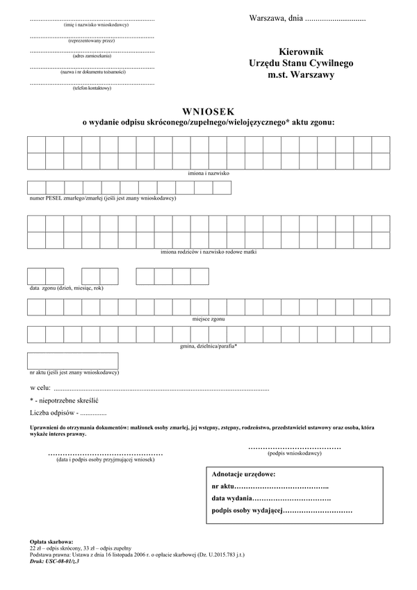 WoWaZ-Wa Wniosek o wydanie odpisu skróconego/pełnego aktu zgonu - Warszawa