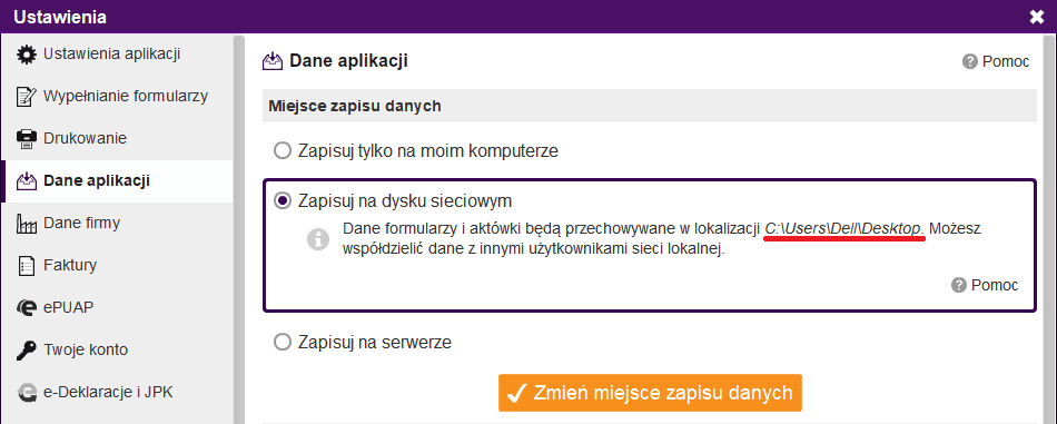 Dane aplikacji