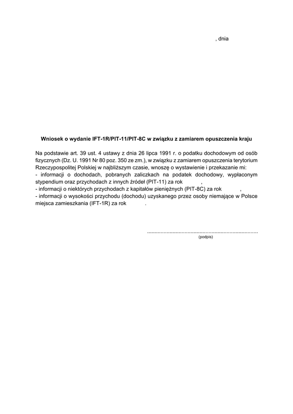 WPPT-11/8C/IFT-1R Wniosek o wydanie IFT-1R/PIT-11/PIT-8C w związku z zamiarem opuszczenia kraju
