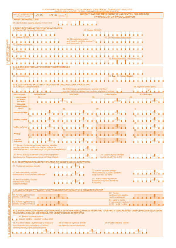 ZUS RCA (archiwalny) Imienny raport miesięczny o należnych składkach i wypłaconych świadczeniach - wersja papierowa