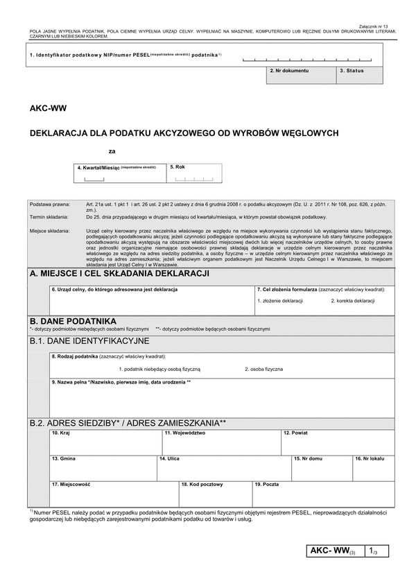 AKC-WW (3) (archiwalny) Deklaracja dla podatku akcyzowego od wyrobów węglowych