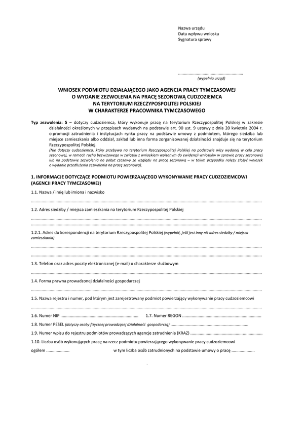 WPDJAPT Wniosek podmiotu działającego jako agencja pracy tymczasowej o wydanie zezwolenia na pracę sezonową cudzoziemca na terytorium Rzeczypospolitej Polskiej w charakterze pracownika tymczasowego