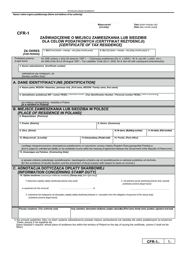 CFR-1 (4) (archiwalny) Zaświadczenie o miejscu zamieszkania lub siedzibie dla celów podatkowych (certyfikat rezydencji)