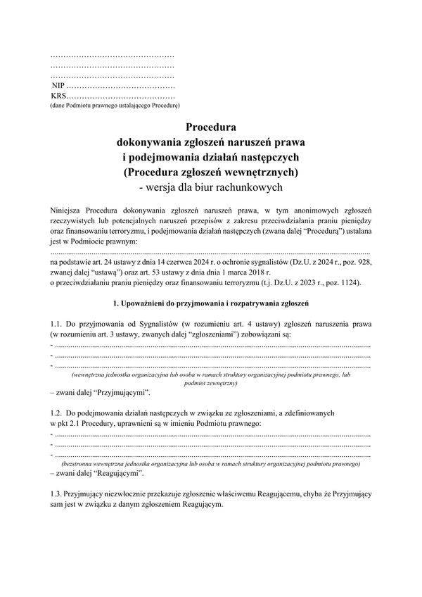 Syg-PZW-BR Procedura dokonywania zgłoszeń naruszeń prawa i podejmowania działań następczych (Procedura zgłoszeń wewnętrznych) - dla biur rachunkowych