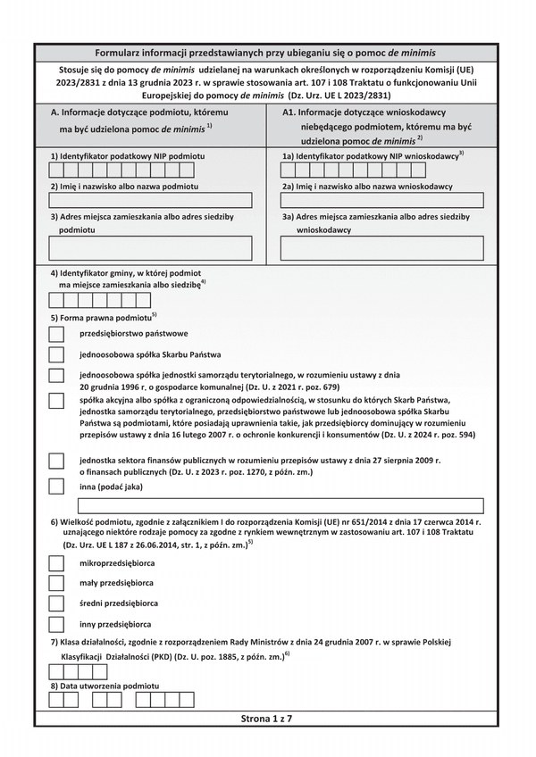 PFRON INF-O-PdM Formularz informacji przedstawianych przy ubieganiu się o pomoc de minimis 