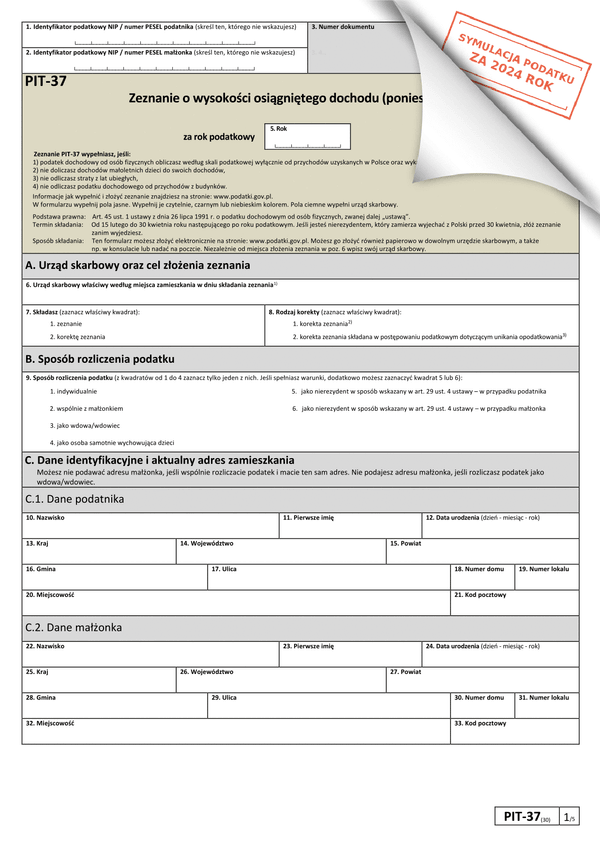 PIT-37 (30) (symulator 2024) Zeznanie o wysokości osiągniętego dochodu (lub poniesionej straty)
