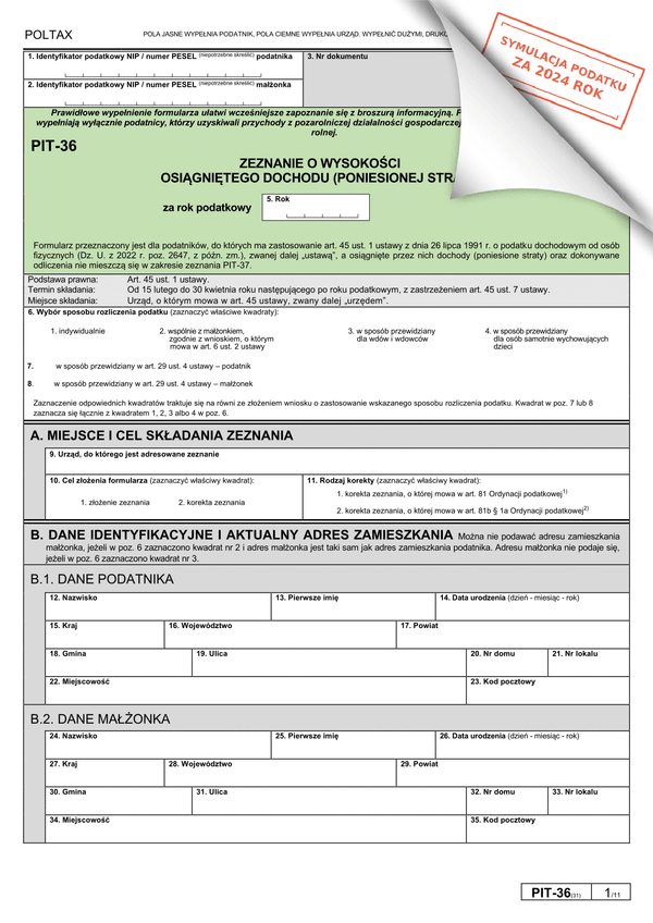 PIT-36 (31) (symulator 2024) Zeznanie o wysokości osiągniętego dochodu (poniesionej straty)