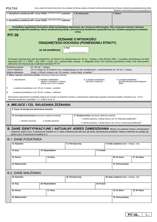  PIT-36 Zeznanie o wysokości osiągniętego dochodu (poniesionej straty)