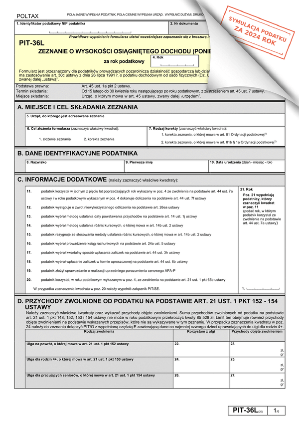 PIT-36L (21) (symulator 2024) Zeznanie o wysokości osiągniętego dochodu (poniesionej straty)