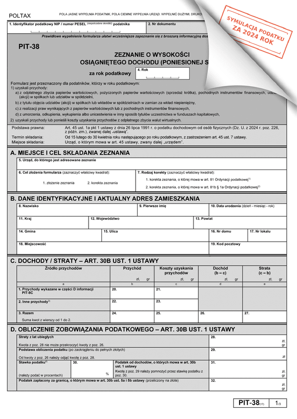 PIT-38 (17) (symulator 2024) Zeznanie o wysokości osiągniętego dochodu (poniesionej straty)