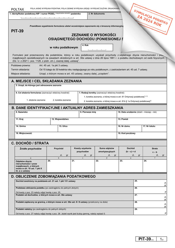 PIT-39 (13) (symulator 2024) Zeznanie o wysokości osiągniętego dochodu (poniesionej straty)