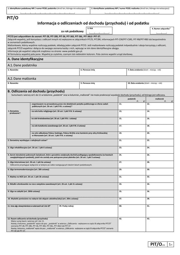 PIT/O (29) (symulator 2024) Informacja o odliczeniach od dochodu (przychodu) i od podatku w roku podatkowym