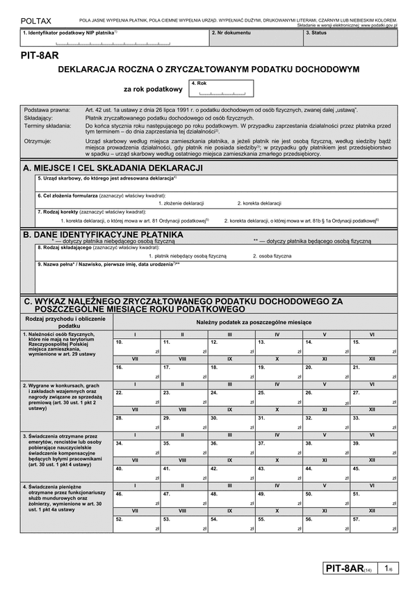 PIT-8AR (14) (2024) Deklaracja roczna o zryczałtowanym podatku dochodowym