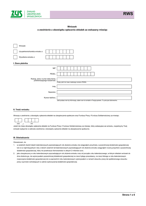 ZUS RWS Wniosek o zwolnienie z obowiązku opłacenia składek za wskazany miesiąc