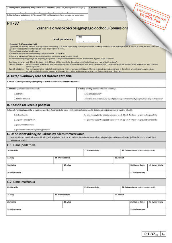PIT-37 (31) (2025) Zeznanie o wysokości osiągniętego dochodu (lub poniesionej straty) 