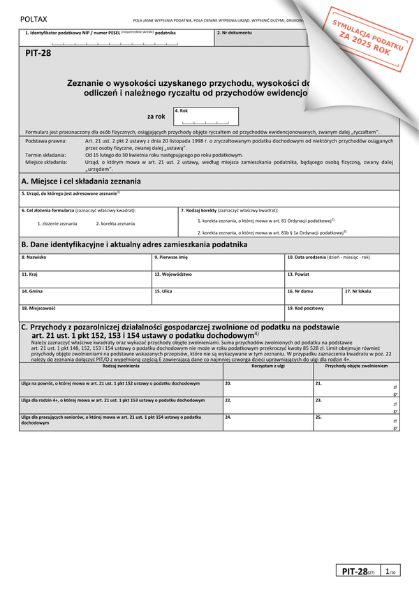 PIT-28 (27) (2025) Zeznanie o wysokości uzyskanego przychodu, wysokości dokonanych odliczeń i należnego ryczałtu od przychodów ewidencjonowanych 