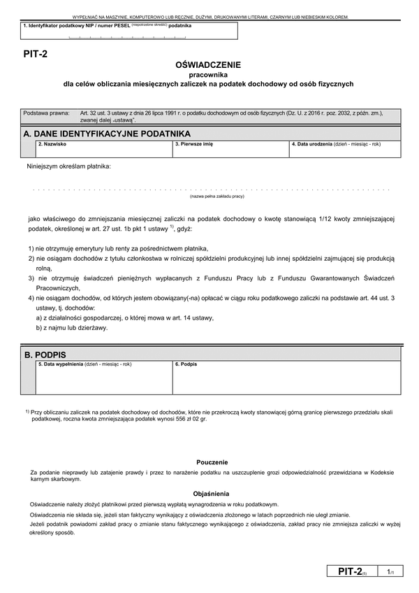 PIT-2 (5) (archiwalny) (2017-2018) Oświadczenie pracownika dla celów obliczania miesięcznych zaliczek na podatek dochodowy od osób fizycznych