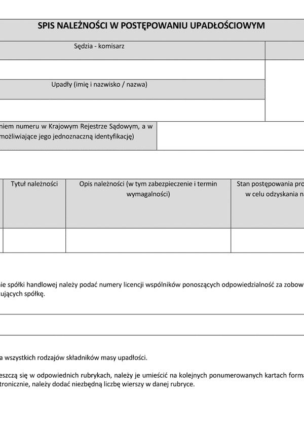 SNwPU Spis należności w postępowaniu upadłościowym