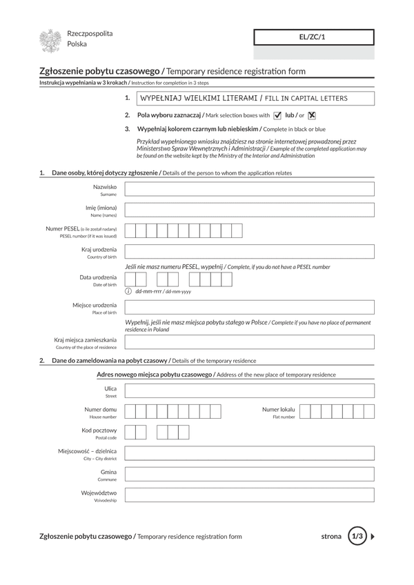 EL/ZC/1 (archiwalny) Zgłoszenie pobytu czasowego
