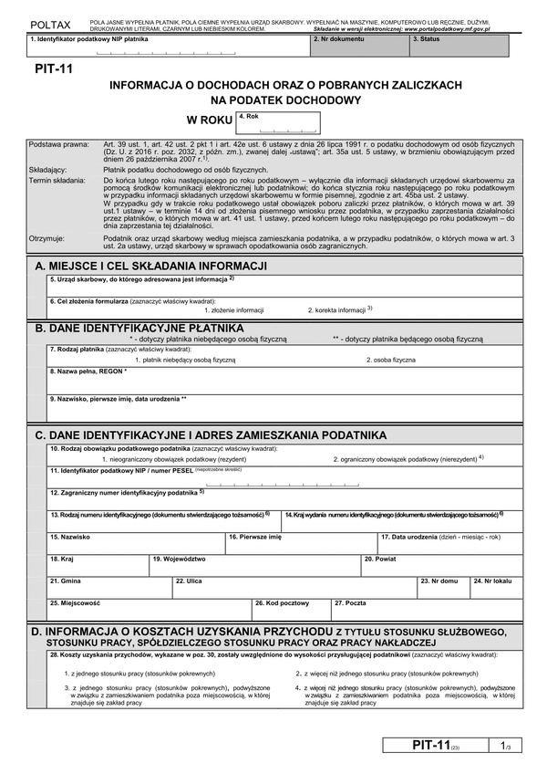 PIT-11 (23) (archiwalny) (2018) Informacja o dochodach oraz o pobranych zaliczkach na podatek dochodowy (PIT-11 / PIT-11Z)