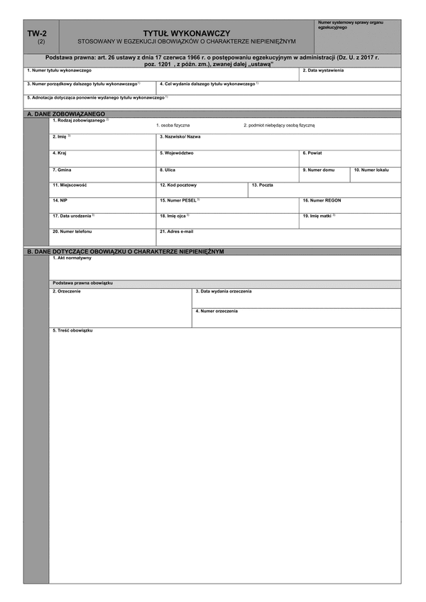 TW-2 (2) (archiwalny) Tytuł wykonawczy stosowany w egzekucji obowiązków o charakterze niepieniężnym