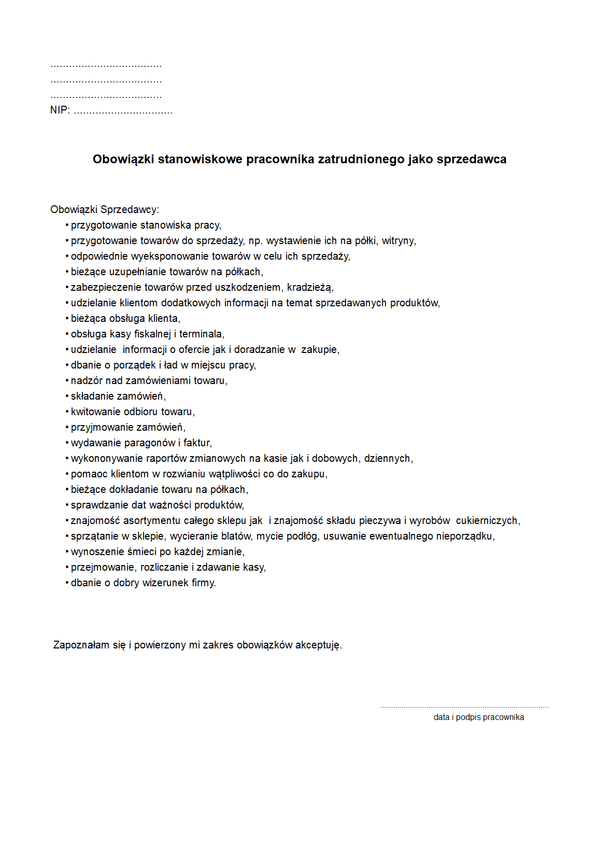 OSPZ Obowiązki stanowiskowe pracownika zatrudnionego jako sprzedawca