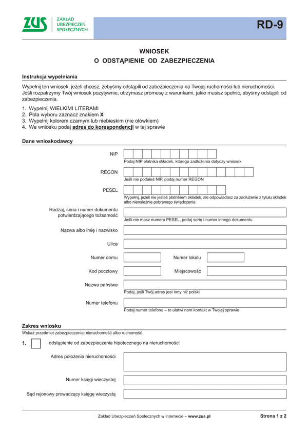 ZUS RD-9 (archiwalny) Wniosek o odstąpienie od zabezpieczenia