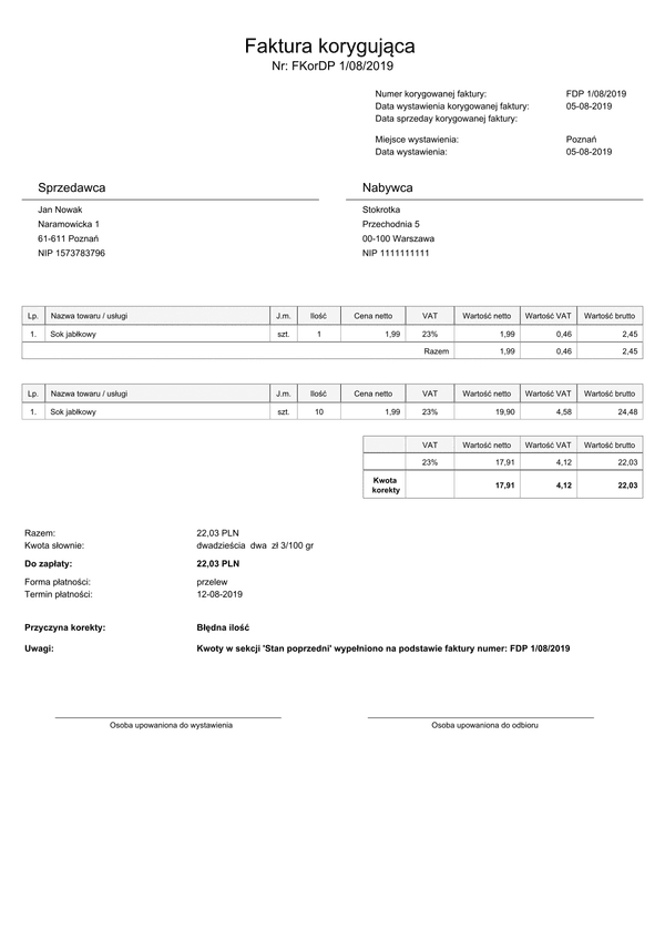 FKorDP Faktura korygująca do paragonu