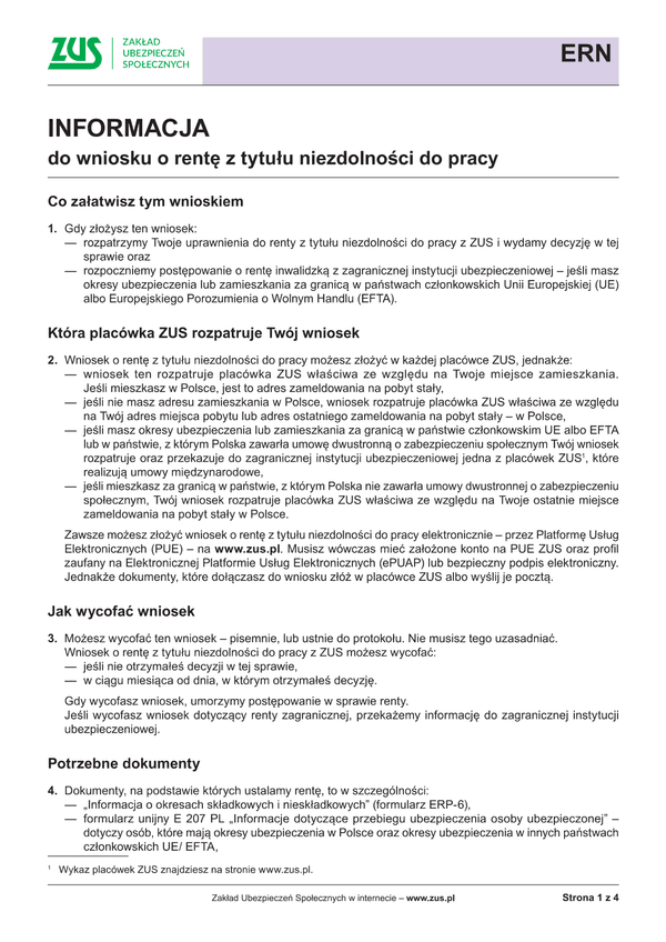 ZUS ERN Inf (archiwalny) Informacja do wniosku o rentę z tytułu niezdolności do pracy