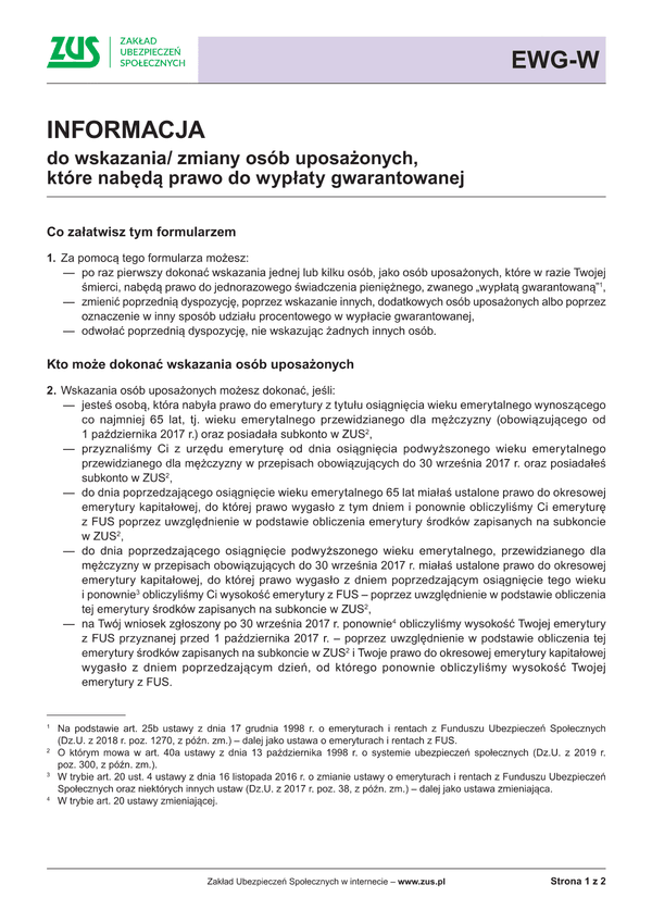 ZUS EWG-W Inf (archiwalny) Informacja do wskazania / zmiany osób uposażonych, które nabędą prawo do wypłaty gwarantowanej