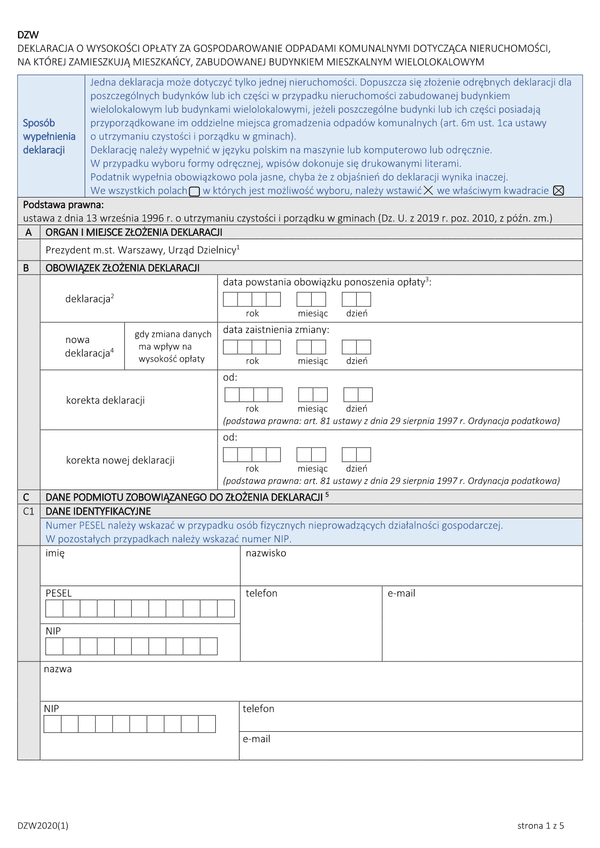 DZW Deklaracja o wysokości opłaty za gospodarowanie odpadami komunalnymi dla nieruchomości, na której zamieszkują mieszkańcy, zabudowanej budynkiem mieszkalnym wielolokalowym (Warszawa)