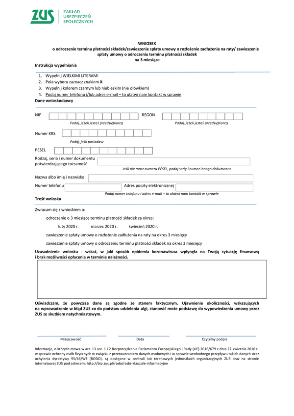 ZUS EOP (archiwalny) WNIOSEK o odroczenie terminu płatności składek/zawieszenie spłaty umowy o rozłożenie zadłużenia na raty/ zawieszenie spłaty umowy o odroczeniu terminu płatności składek na 3 mie