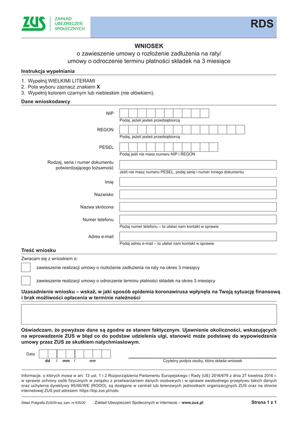 ZUS RDS (archiwalny) (Covid-19 koronawirus) Wniosek o zawieszenie umowy o rozłożenie zadłużenia na raty/ umowy o odroczenie terminu płatności składek na 3 miesiące