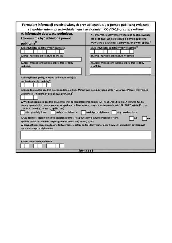 FIZPZ Formularz informacji przedstawionych przy ubieganiu się o pomoc publiczną związaną z zapobieganiem, przeciwdziałaniem i zwalczaniem COVID-19 oraz jej skutków (COVID-19)