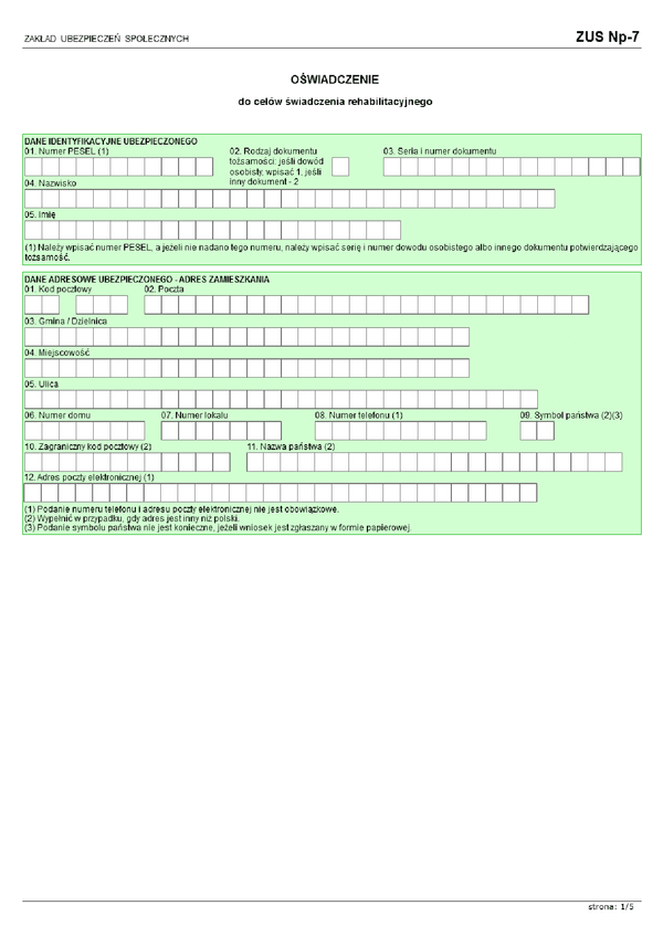 ZUS Np-7  (archiwalny) Wniosek o świadczenie rehabilitacyjne (dla Płatnika)