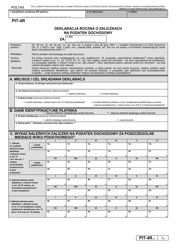 PIT-4R (10) (archiwalny) (2020) Deklaracja roczna o pobranych zaliczkach na podatek dochodowy