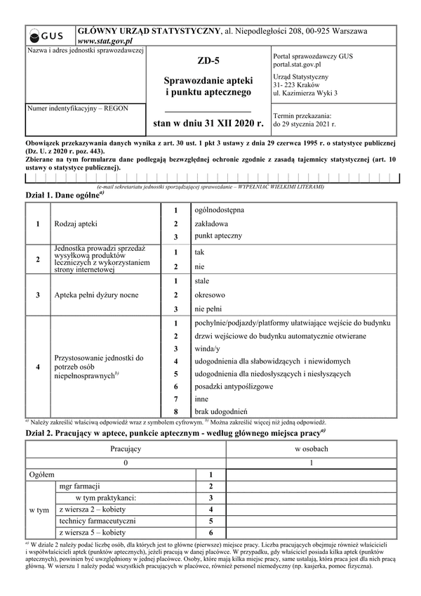 GUS ZD-5 (2020) (archiwalny) Sprawozdanie apteki i punktu aptecznego stan w dniu 31 XII 2020 r.