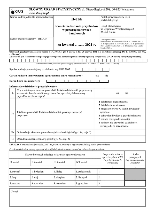 GUS H-01/k (archiwalny) (2021) Kwartalne badanie przychodów w przedsiębiorstwach handlowych