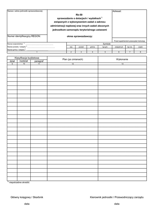 Rb-50 Sprawozdanie o dotacjach / wydatkach związanych z wykonywaniem zadań z zakresu administracji rządowej oraz innych zadań zleconych jednostkom samorządu terytorialnego ustawami