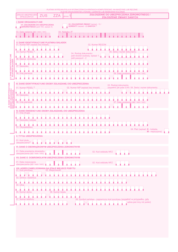 ZUS ZZA  (archiwalny) Zgłoszenie do ubezpieczenia zdrowotnego / zgłoszenie zmiany danych