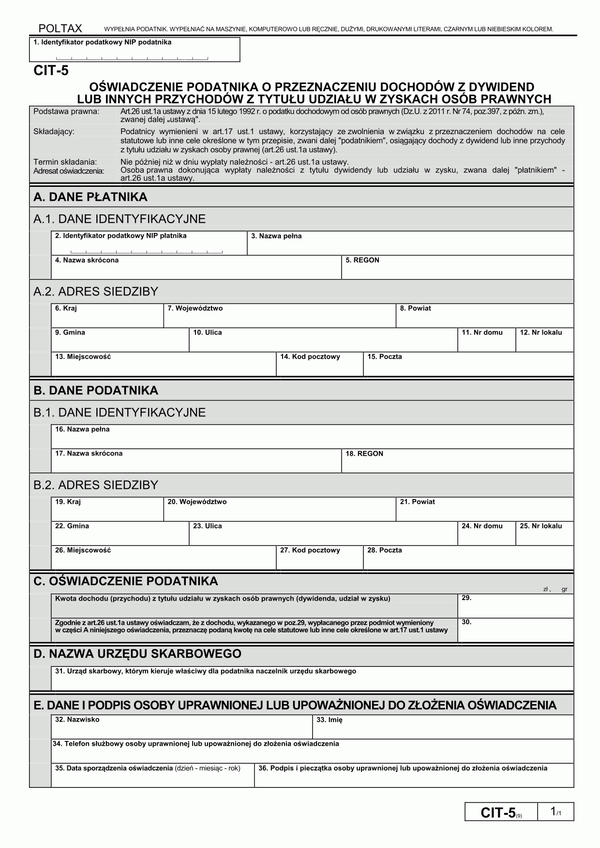 CIT-5 (9) (archiwalny) Oświadczenie podatnika o przeznaczeniu dochodów z dywidend lub innych przychodów z tytułu udziału w zyskach osób prawnych