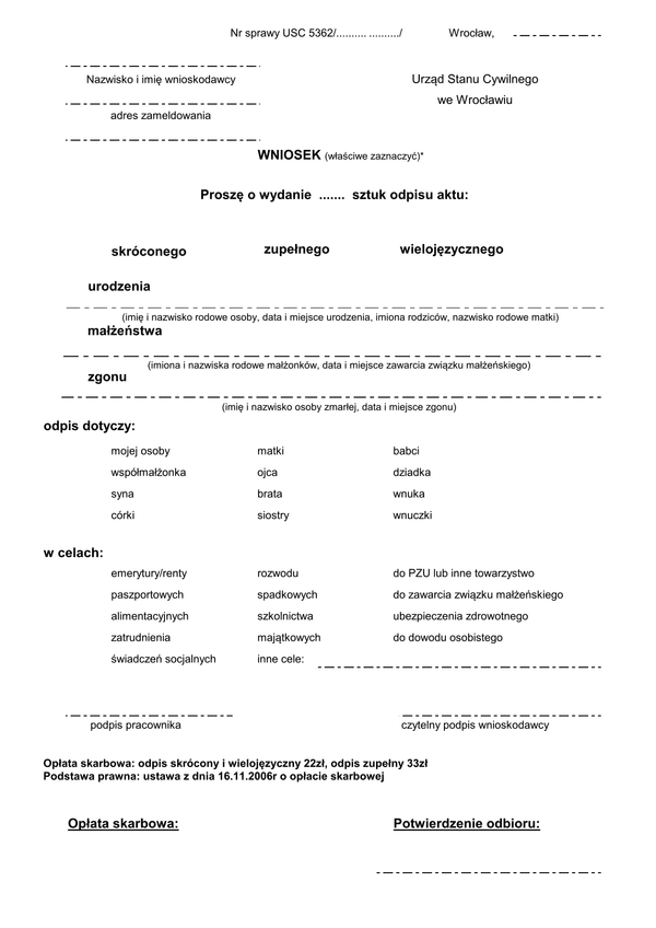 WOWAC-Wr (archiwalny) Wniosek o wydanie odpisu aktu stanu cywilnego Wrocław