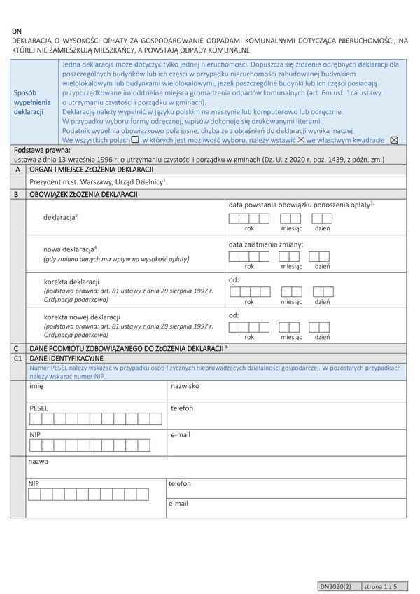 D-N (archiwalny) Deklaracja o wysokości opłaty za gospodarowanie odpadami komunalnymi dotycząca nieruchomości na której zamieszkują mieszkańcy, a powstają odpady komunalne (Warszawa)