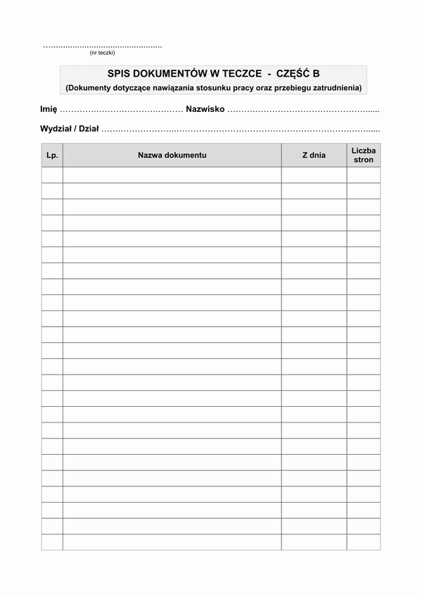 SDT-B (archiwalny) Spis dokumentów w teczce (Dokumenty dotyczące nawiązania stosunku pracy oraz przebiegu zatrudnienia)