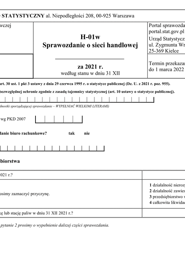 GUS H-01w (2021) (archiwalny) Sprawozdanie o sieci handlowej według stanu w dniu 31 XII 2021 r.