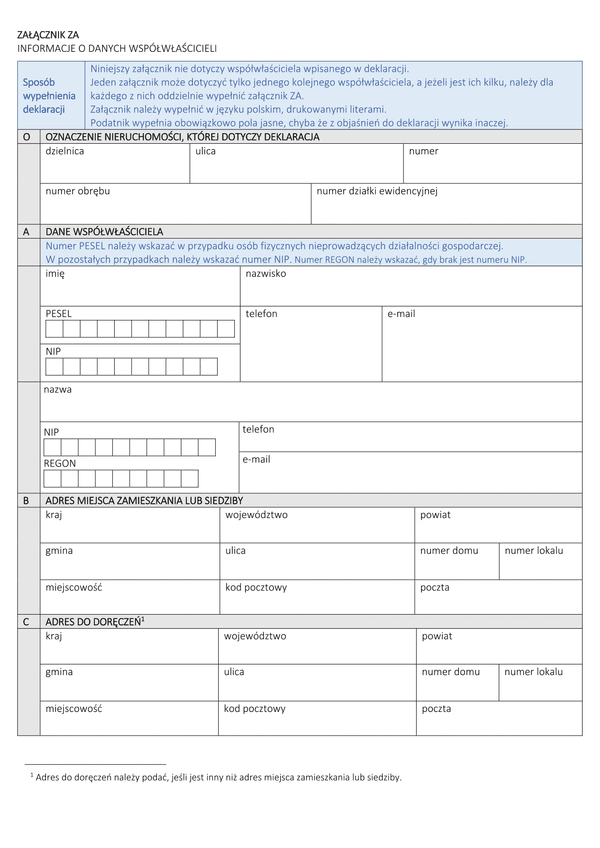 ZA Załącznik do deklaracji DL i DN - Informacje o danych współwłaścicieli